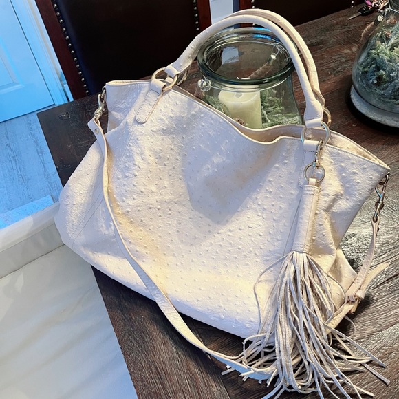 LARGE AUTHENTIC CRÈME COLORED LEATHER OSTRICH BAG - Picture 2 of 16